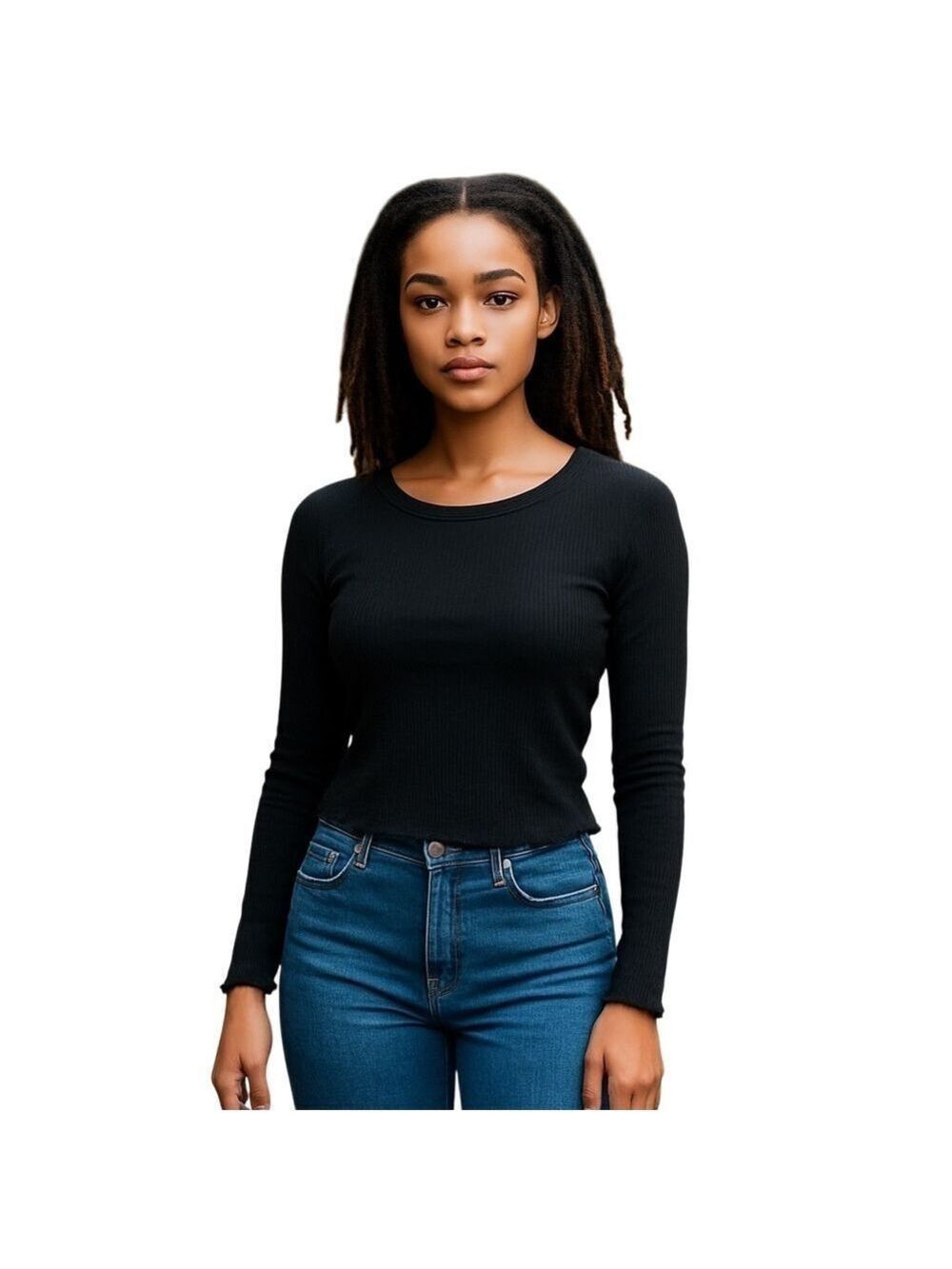 ANTISTAR blouse long sleeve crop lightweight stretch black size S ribbed fabric
